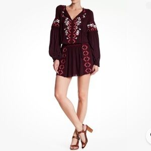 Parker Embroidered Drop Waist Plum Wine Mini Dress Boho Chic Size XS